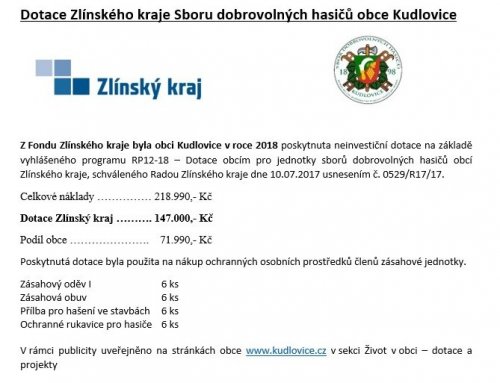 Dotace Zlínského kraje Sboru dobrovolných hasičů obce Kudlovice